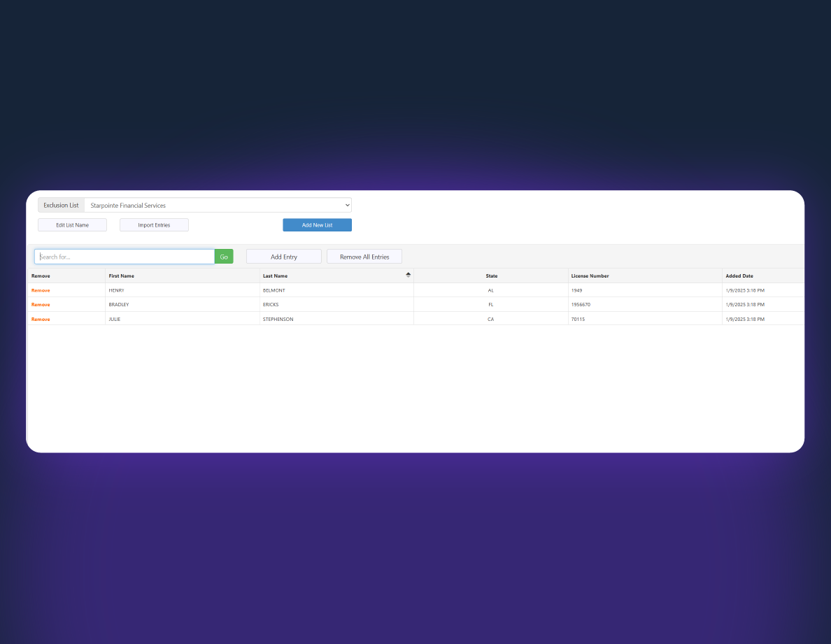 Automated Exclusions platform screenshot
